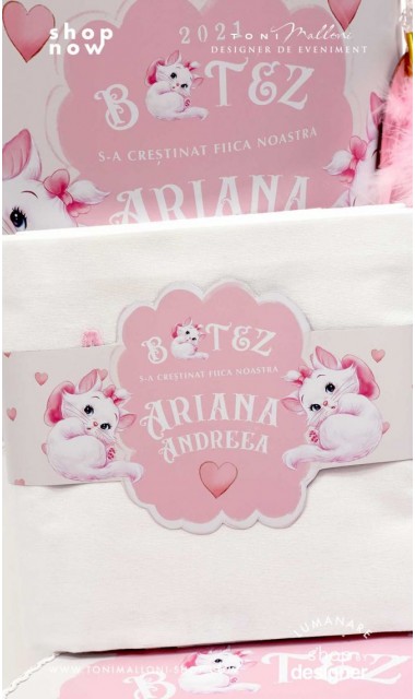 Trusou de botez roz brodat inspirat din desenul animat Pisicile Aristocrate cu pisica Marie 4